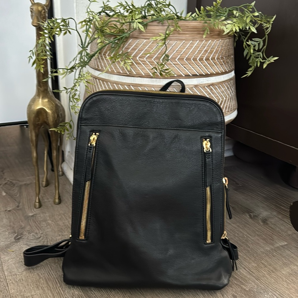 Black leather laptop backpack